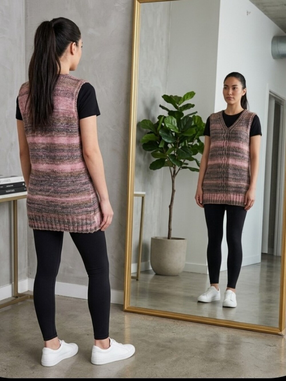 Vtg Handmade Sweater Vest M-L V-neck Pullover Pink & Brown